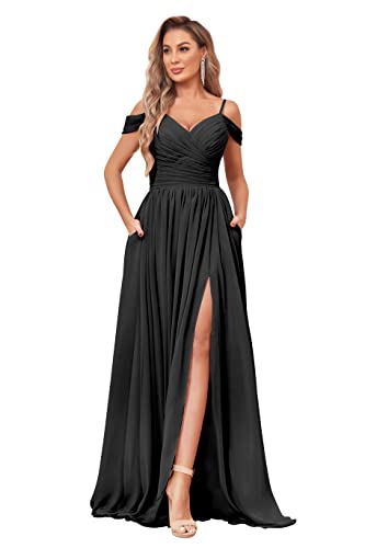 Image of BOLENSYE Off the Shoulder Bridesmaid Dresses with Pockets Ruched Chiffon Long Slit Formal Evening Gown