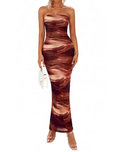 Image of PRETTYGARDEN Women Summer Strapless Maxi Dress Bodycon Floral Sexy Long Wedding Guest Dress Formal Tube Mesh Cocktail Dresses