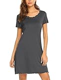 Ekouaer Damen Nachthemd Kurzarm Schlafshirt V-Neck Knopfleiste Nachtwäsche Frauen Loose fit Lange Nachtkleid，grau,S