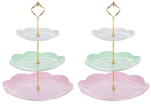 Soporte para cupcakes de 3 niveles, soporte para postres, bandejas de galletas, bandeja de plástico para servir postres para fiesta de cumpleaños en casa, 3 colores (2 piezas) Cover