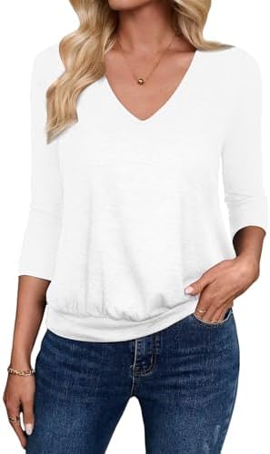 3/4 Length Sleeve Womens Tops V Neck Blouse Banded Bottom Shirts ...