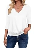 Sialois Womens Blouse 3/4 Length Sleeve Tops V Neck Banded Bottom T-Shirts Dressy Casual Outfits Fashion Beach Vacation Shirts Trendy Lightweight Tunic 2026 Fall Tees Spring Summer Clothes, White,XXL