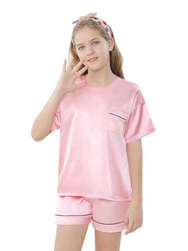 Girls Silk Pajamas Set, Satin Crewneck Nightwear Button-Down Sleepwear