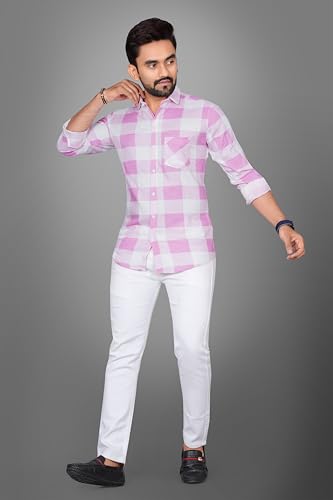 Image of Voroxy Men's Casual Checks Shirt with Pockets Cotton Blend Stylish Branded Checkered Pattern Formal Shirt & Regular Fit Full Sleeves and Spread Collar Style