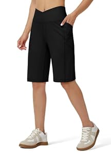WILLIT Shorts Damen Capri Yogahose Kurze Hose Sporthose Bermuda High Waist Laufhose Traininghose Freizeit Fitness Running Gym mit Taschen Schwarz L