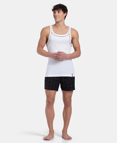Image of Jockey US54 Men's Super Combed Cotton Rib Square Neckline Gym Vest with Back Panel Graphic Print (Shoulder Starp Color May Vary)
