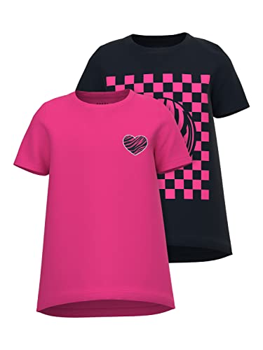NAME IT Nkfviolet 2p SS Loose Top B Camiseta de Manga Corta, Black/Pack:Pink Yarrow, 122 cm-128 cm para Niñas