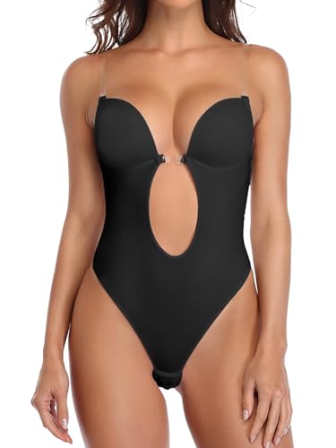 SHAPERIN Femme Body Sculptant Dos Nu Invisible Thong Bodysuit Gainant Ventre Plat avec Push Up Soutien Gorge, Noir, M