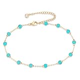 FUNEIA Gold Ankle Bracelets for Women 14K Gold Plated Anklet for Women Daisy Moon Star Evil Eye Anklet Boho Beach Foot Chain Adjustable Dainty Foot Jewelry (N:round turquoise)