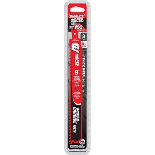 Image of Diablo Amped Steel Demon Carbide Teeth Reciprocating Saw Blade - 3-Pack | 9 inch Length, 8 TPI - Ideal for Thick Metal - 100x Longer Cutting Life - DS0908CFA3