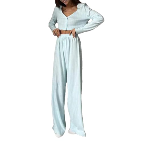 Ensemble pantalon bleu femme fluide et confortable taille élastique