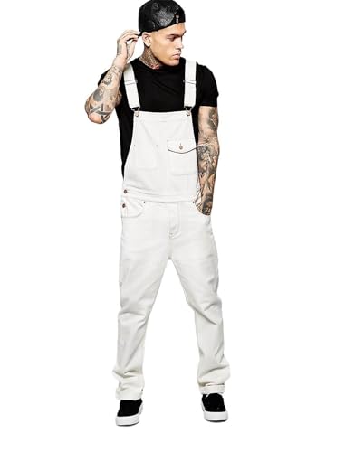 YSTHPED Men's White Denim Suspenders Overalls-White-Small