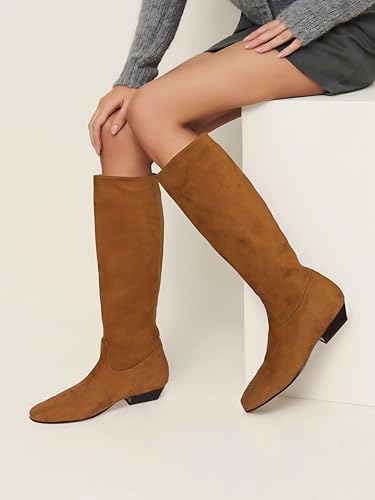 Knee High Boots for Women Square Toe Tall Boots Chunky Low Stacked Heels Long Boots Suede Pull on Wide Calf Comfy Dressy Fashion Casual2