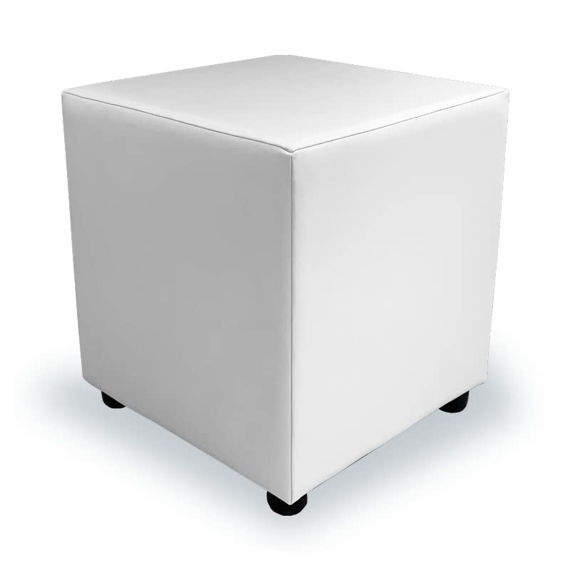Footstools2uCube Seating Pouffe, White Faux Leather, Ebony Plastic Glide Feet, Dimensions 16" x 16" x 18" (high), Weight 7kg
