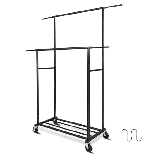 Fishat Stand Portable Black Double Rods Garment Rack with Rolling Clothes Organizer on Lockable Wheels Mobile, 48