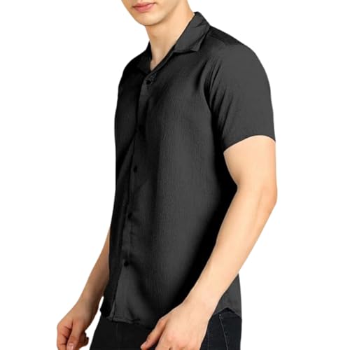Image of COMBRAIDED Men's Solid Cotton Blend Half Sleeve Shirt - Regular Fit Casual Button-Down Shirt for Office & Travel - Summer & Spring