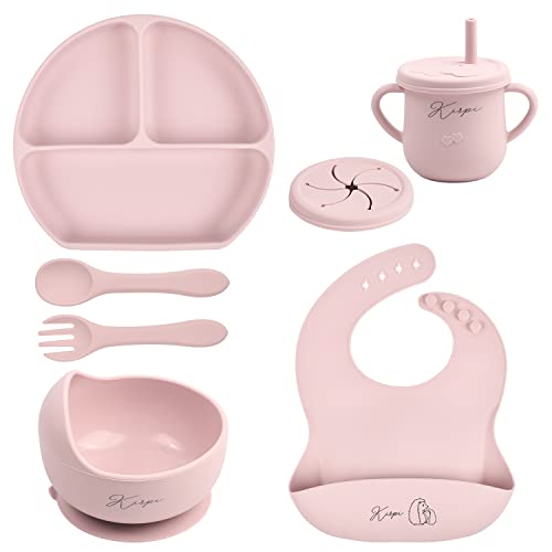 Image of Baby Led Weaning Supplies - Kirpi Baby Feeding Set - Silicone Suction Bowls, Divided Plates, Sippy and Snack Cup - Toddler Self Feeding Eating Utensils Set with Bibs, Spoons, Fork - 6 Months (Pink)