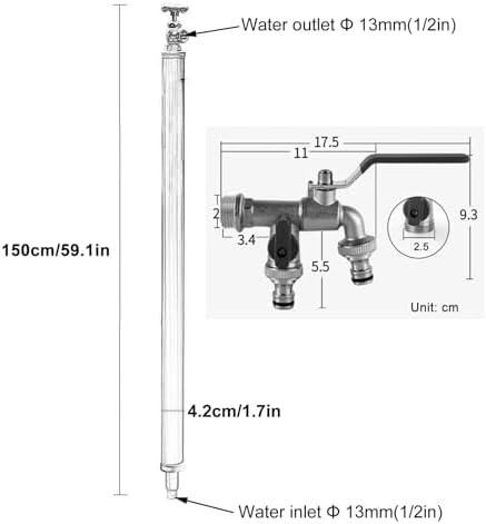 Stainless Steel Garden Water Column - 150cm Freestanding Outdoor Faucet Post, Freeze-Proof Dual Hose Bib for Backyard, Patio, Landscape Irrigation & Gardening