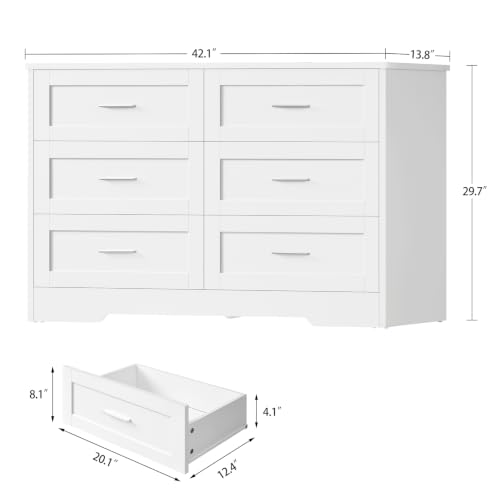 Image of TEENFON 42.1 inchW White Dresser for Bedroom, Modern 6 Drawer Dresser with Metal Handles, Wood Dressers & Chest of Drawers, Wooden Closet Clothes Storage Organizer for Bedroom, Living Room, White