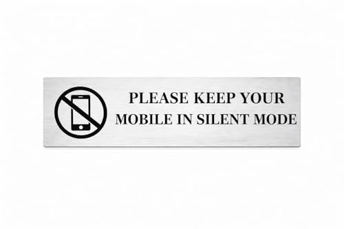 Image of Brushed Silver PVC Office Sign with Double-Sided Tape | Durable 10x3 Inch Signage for Clinics, Malls, Gyms & Hospitals - Available in Silver & Gold (Brushed Silver /, Please Keep Your Mobile in Silent Mode)