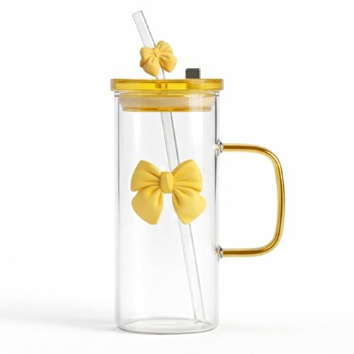 Image of FUNKYFINDS Cute Yellow Bow Square Glass Cup 400 ml with Handle, Lid & Bow Straw Cute Korean Style Cup for Milk, Juice, Coffee & Smoothies Coquette Bows Birthday Gifts for Girls Women (Set of 1)