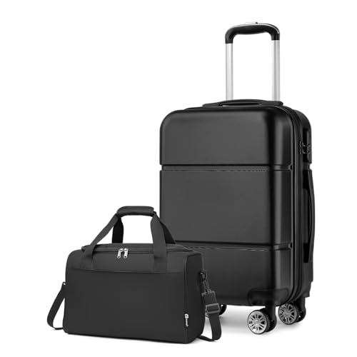 Kono Luggage Set 2 Piece Carry on Cabin Suitcase Hardshell Spinner Wheels with Travel Bag Lightweight Waterproof (Black, 20 Inch Luggage Set)