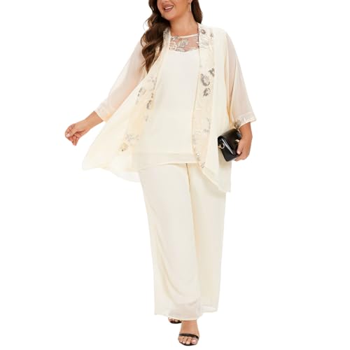 Women's Plus Size Wedding Pant Suits 3 Piece Chiffon Party Outfit for Mother of The Groom Bride Evening Gowns Beige