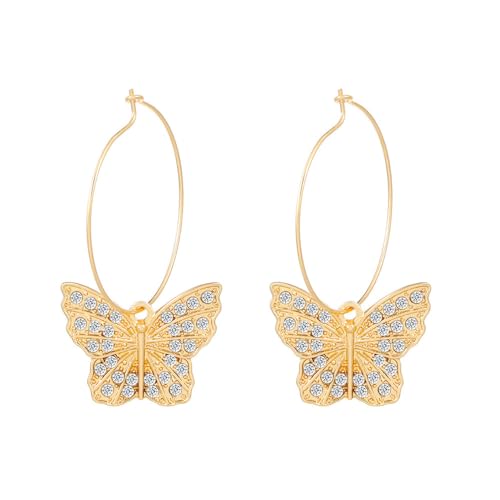 Fairy Butterfly Hoop Earrings Full Bling Crystal Butterfly Dangle Earrings Sparkling Rhinestone Butterfly Earirngs Large Circle Hoop Earirngs