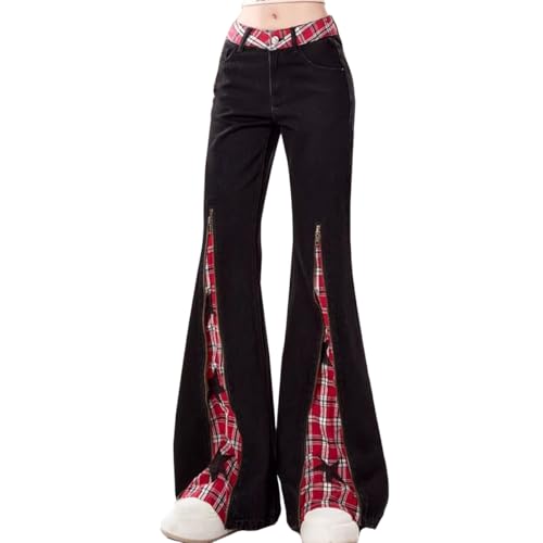 Gothic Fashion Womens Jeans Y2K Casual High Waist Straight Star Plaid Spliced Zipper Leg Flared Denim Pants