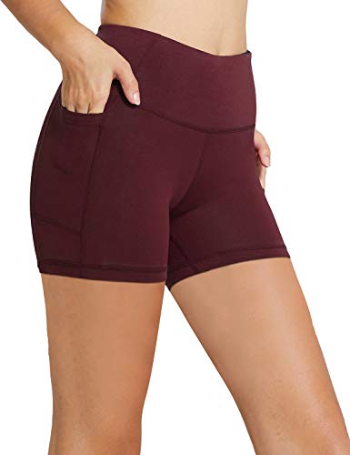 BALEAF Women's 5" High Waist Workout Yoga Running Compression Exercise Volleyball Shorts Side Pockets Ruby Wine S
