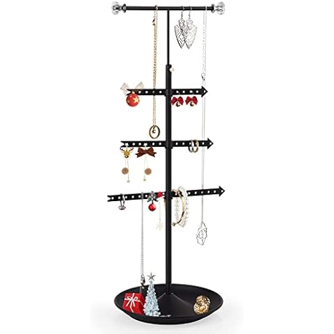 Alsonerbay Jewellery Stand 4 Tier, Rotatable Jewelry Holder Organizer, Height-adjustable Black Metal Hanging Necklace Tower for Display Rings and Earring Cover