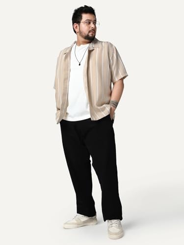 Image of Urbano Plus Men's Cotton Half Sleeve Relaxed Fit Linen Striped Shirt with Cuban Collar