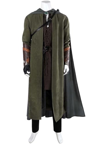 hahomin Mens Aragorn Costume Cloak Lord Ring Brown Vest Tunic Hooded Cape Jacket Shirt Pants Accessory Sword Wrist Full Set (Olive Green Medium)