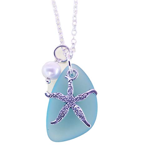 Handmade in Hawaii, turquoise bay blue sea glass necklace,starfish charm,freshwater pearl,"December Birthstone", (Hawaii Gift Wrapped, Customizable Gift Message)