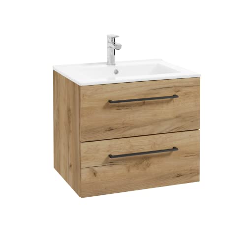 Badmöbel Set „Bilbao“, Waschtisch-Unterschrank mit Keramik-Becken, 2 Schubladen Soft-Close, futuristisches Design, Eichefarben mit schwarzen Griffen, 60x46x52cm Cover