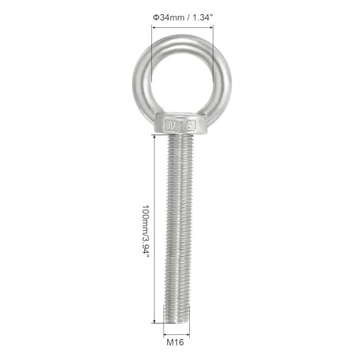 Image of PATIKIL M16 x 100mm Lifting Shoulder Eye Bolt, 304 Stainless Steel Lifting Ring Threaded Eyebolt with Nuts Washers for Hanging Hammocks Articles
