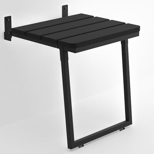 violet art home Folding Wall Mounted Teak Wood Shower Seat with Legs, ADA Compliant Durable Bath Bench, Sturdy Space-Saving Bathroom Stool, Easy Folding Handmade Compact Chair (Black, Medium)