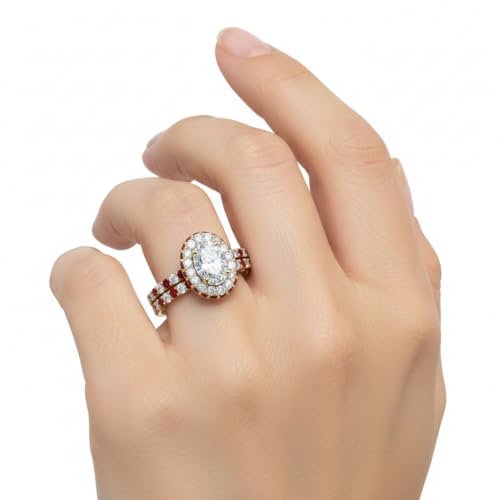 Image of Choose Your Gemstone Oval Halo Rollover Diamond CZ Wedding Ring Yellow Gold Plated Oval Shape Wedding Ring Sets Matching Jewelry Wedding Jewelry Easy to Wear Gifts US Size 4 to 12