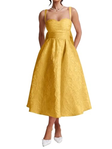 Jacquard Satin Prom Dresses Bow Back for Women Sweetheart Tea Length A Line Formal Party Gown