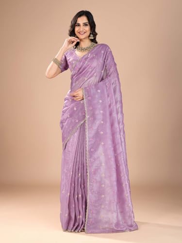 Image of AKHILAM Women's Organza Embroidered Sequins Work Saree With Unstitched Blouse Piece (RANI2501 RN Parent)