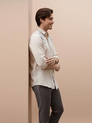 Image of ROOM19 Men Cotton Blend Embroidered Shirt | Short Sleeve Button Front Shirt for Men | Regular Fit Collared Shirts with Embroidery