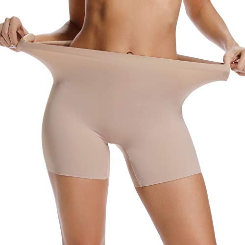 Boyshorts Panties for Women Seamless Mid High Waist Underwear Cotton Slip Shorts Under Dresses (Beige, L)