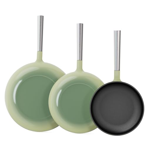 Foto de KOKHUB Juego de 3 sartenes no tóxicas, sartenes de hierro fundido esmaltado de titanio, sartenes de cocina antiadherentes sin PFOA de 8, 9.5 y 11 pulgadas, utensilios de cocina aptos para lavavajillas (imagen 2)