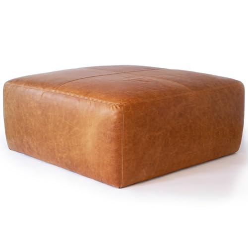 Image of POLY & BARK Sequoia Ottoman - 35 inch Square Pouf with Feather-Down Topper - Full-Grain Leather Upholstered Pouf Ottoman for Living Room - Vintage Italian Leather in Cognac Tan