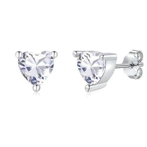 Image of Loutade 925 Sterling Silver Stud Earrings for Women, Hypoallergenic 5mm Tiny Silver Heart Stud Earrings White Cubic Zircon, Dainty Small CZ Dot Heart Cartilage Sleeper Stacks Ear Studs Jewelry Gifts