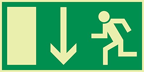 Schild Notausgang Pfeil nach unten langnachleuchtend 297x148mm PVC selbstklebend gemäß BGV 8A (Fluchtwegschild Notausgang Rettungszeichen Rettungsweg Rettungsschild)