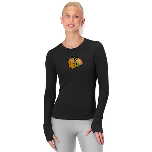 ​NHL Chicago Blackhawks Women's Long Sleeve Bodycon Shirt, Slim Fit Crewneck Tee, Officially Licensed Fan Apparel, Medium