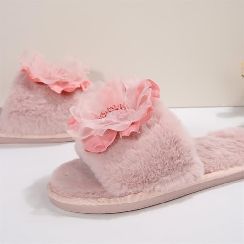Rungion Womens Flower Open-Toe Plush Slippers Fluffy House Slip On Shose Cozy Breathable Outdoor Sandals Winter Slipper Gifts 6