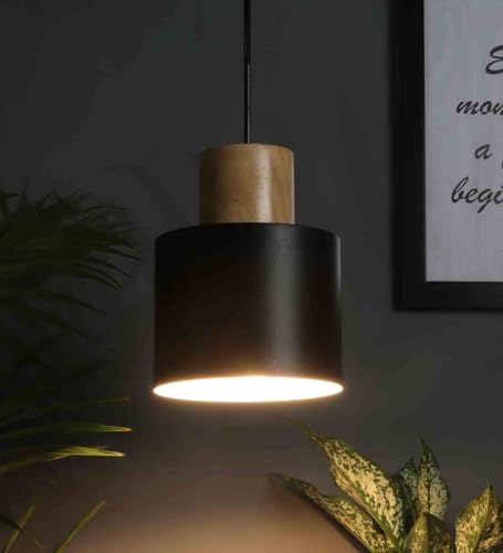Image of MONI Modern Wooden & Metal Pendant Light for Home | Decorative Hanging Ceiling Lamp for Living Room, Bedroom, Dining Area, Kitchen & Cafe | Warm Ambient Lighting | Indoor Lighting (Black, Pack of 2)