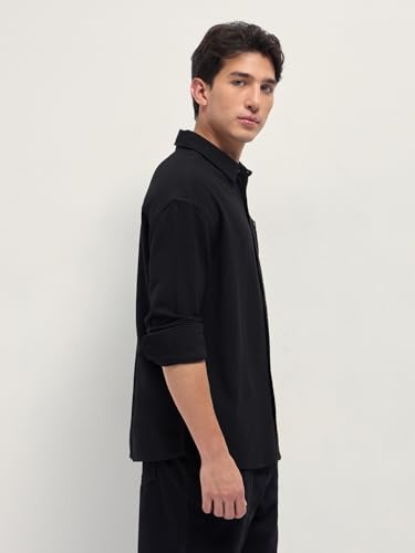 Image of Men's Black Relaxed Fit Textured Woven Casual Shirt